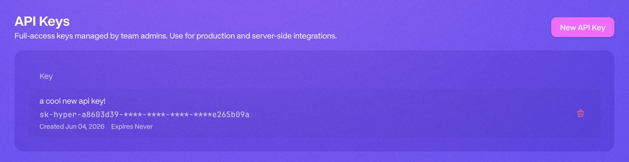 API keys page
