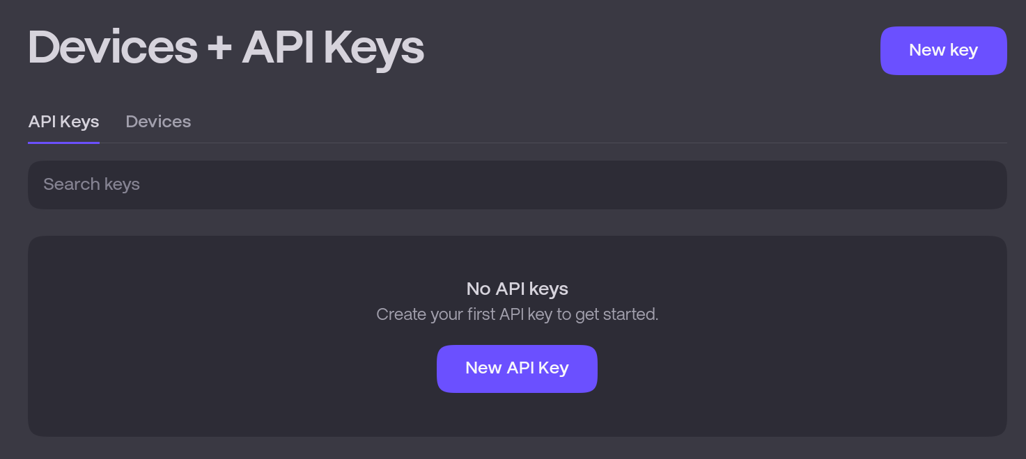 API keys page